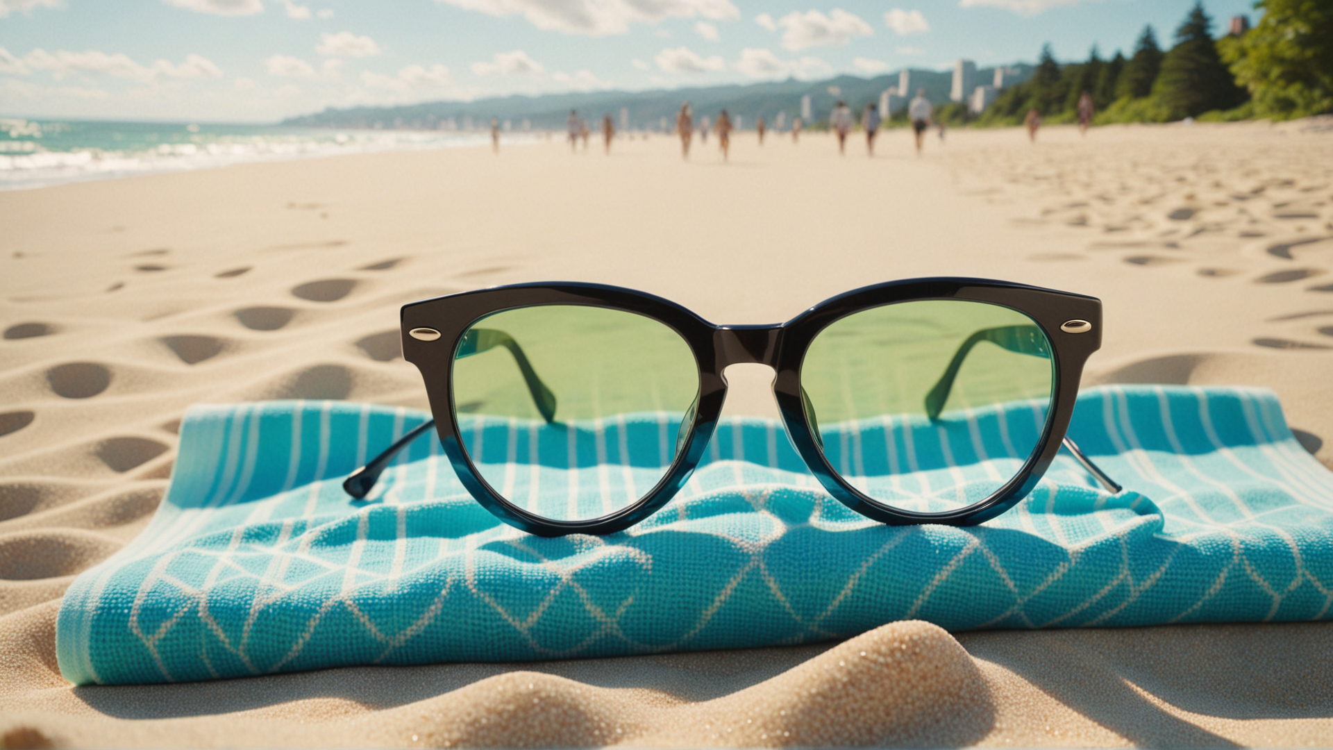 AI generated wallpaper featuring sunglasses, beach towel, sand