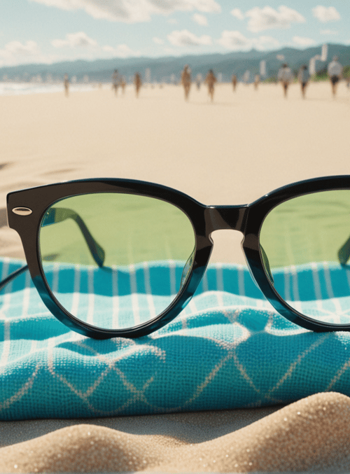 sunglasses, beach towel, sand