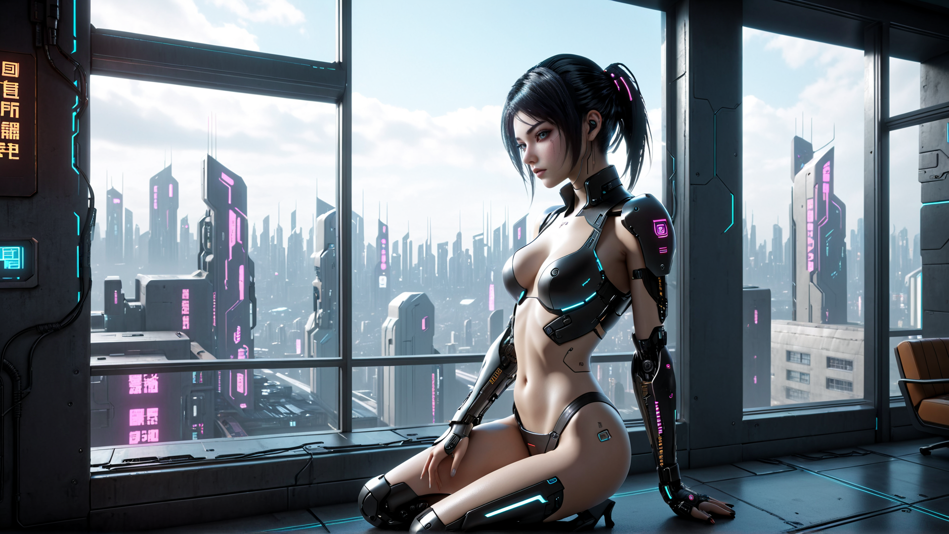 AI generated wallpaper featuring cyborg, woman, cityscape