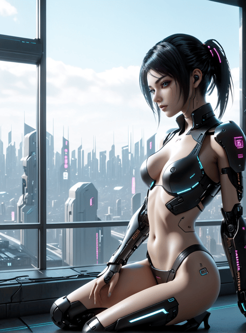 cyborg, woman, cityscape