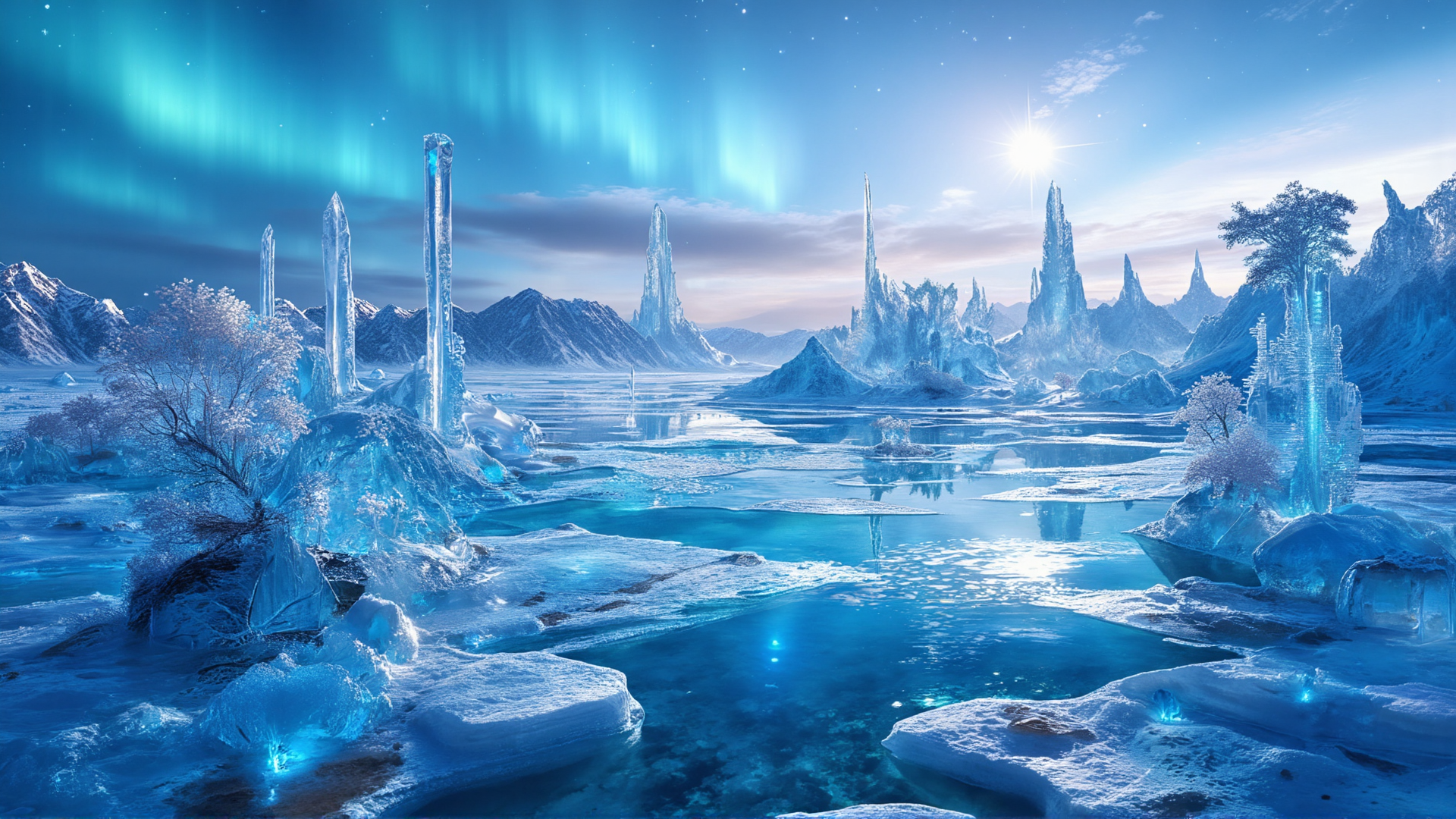 AI generated wallpaper featuring ice, aurora, crystals, mountains, trees, lakes, frozen, sunset, snow, glacier
