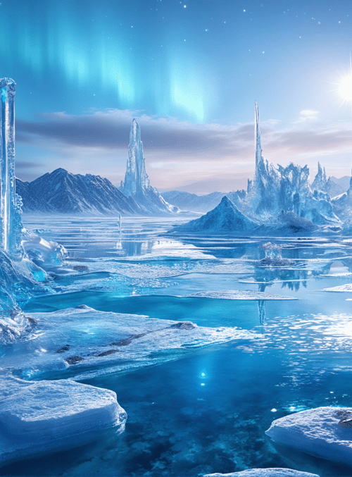 ice, aurora, crystals, mountains, trees, lakes, frozen, sunset, snow, glacier