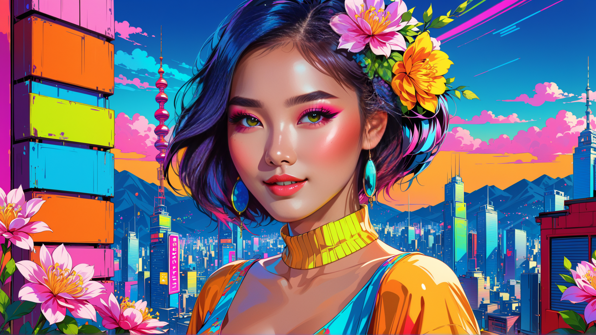 AI generated wallpaper featuring woman, cityscape, flowers