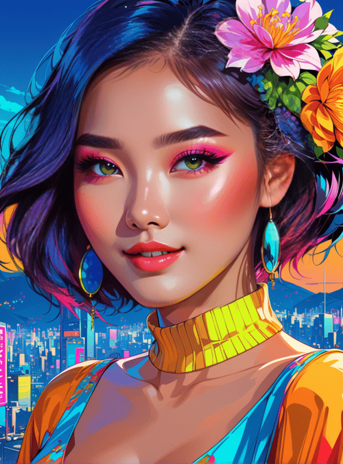 woman, cityscape, flowers
