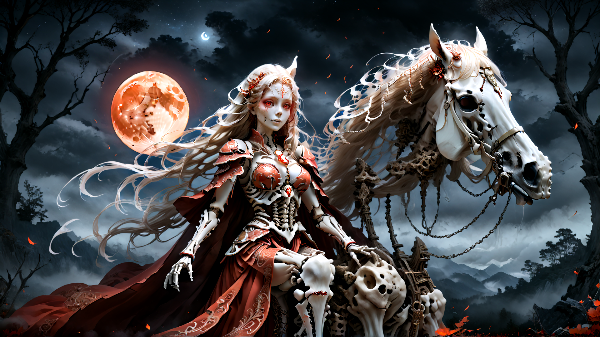 AI generated wallpaper featuring skeleton, woman, horse, moon, trees, skeleton, armor