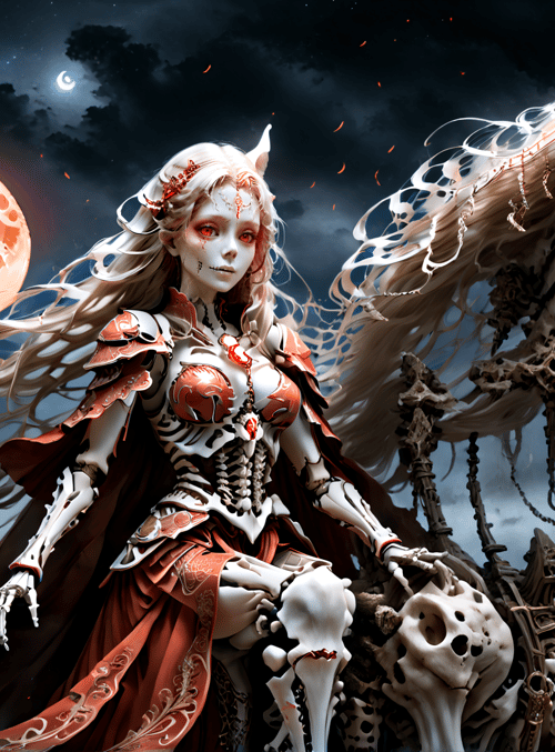 skeleton, woman, horse, moon, trees, skeleton, armor