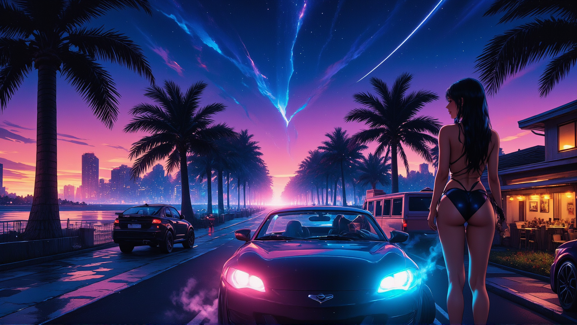 AI generated wallpaper featuring woman, car, palm trees