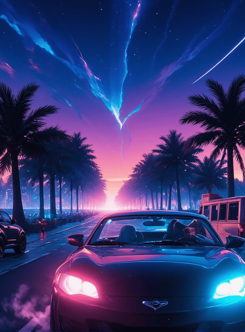 woman, car, palm trees