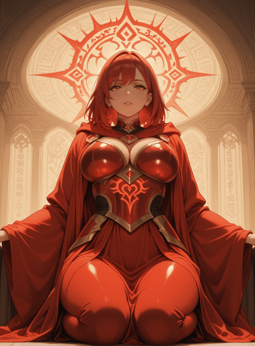 woman, goddess, warrior, kneeling, red, armor, cathedral, columns, symbol, magic