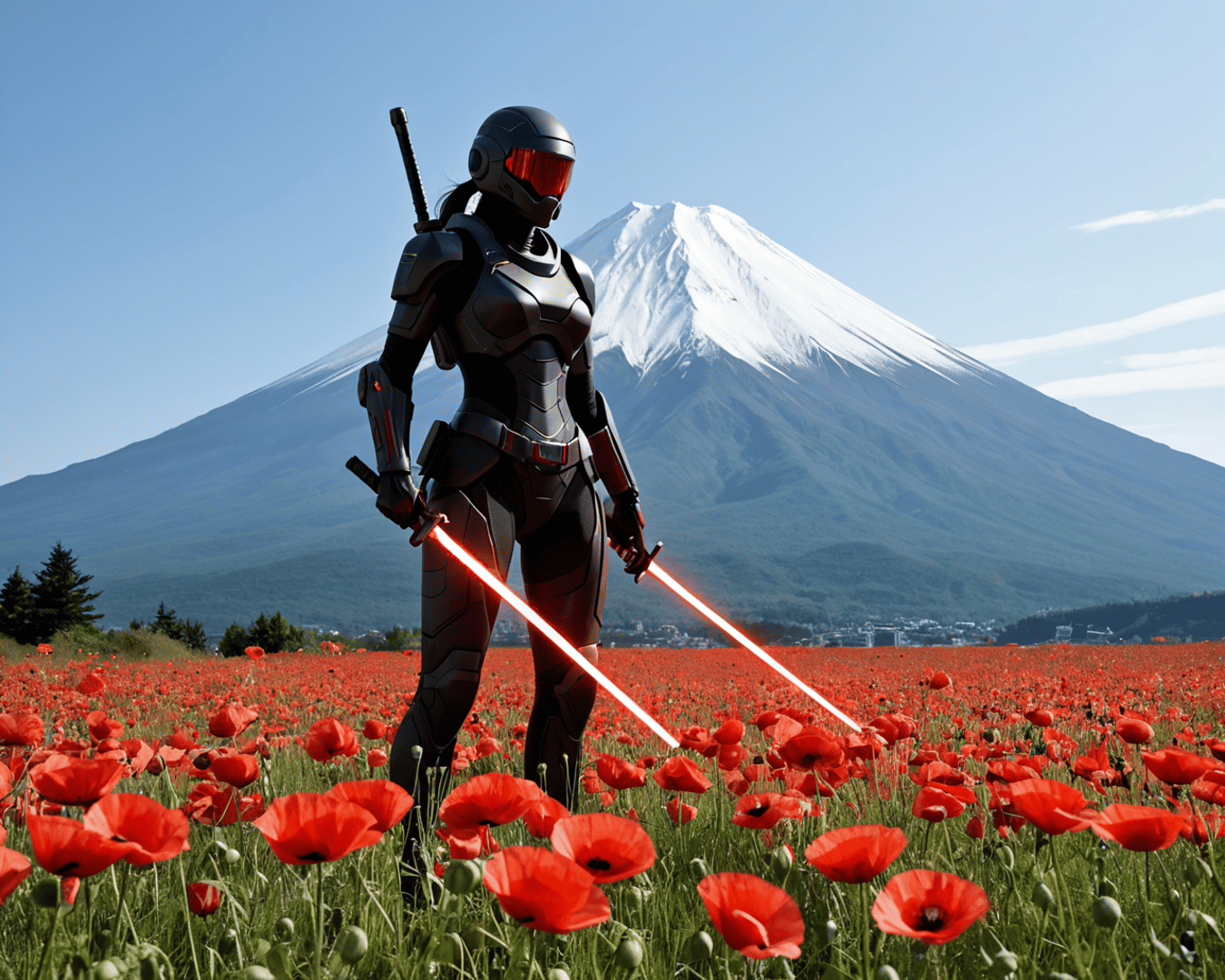 AI generated wallpaper featuring cyborg, samurai, mountain