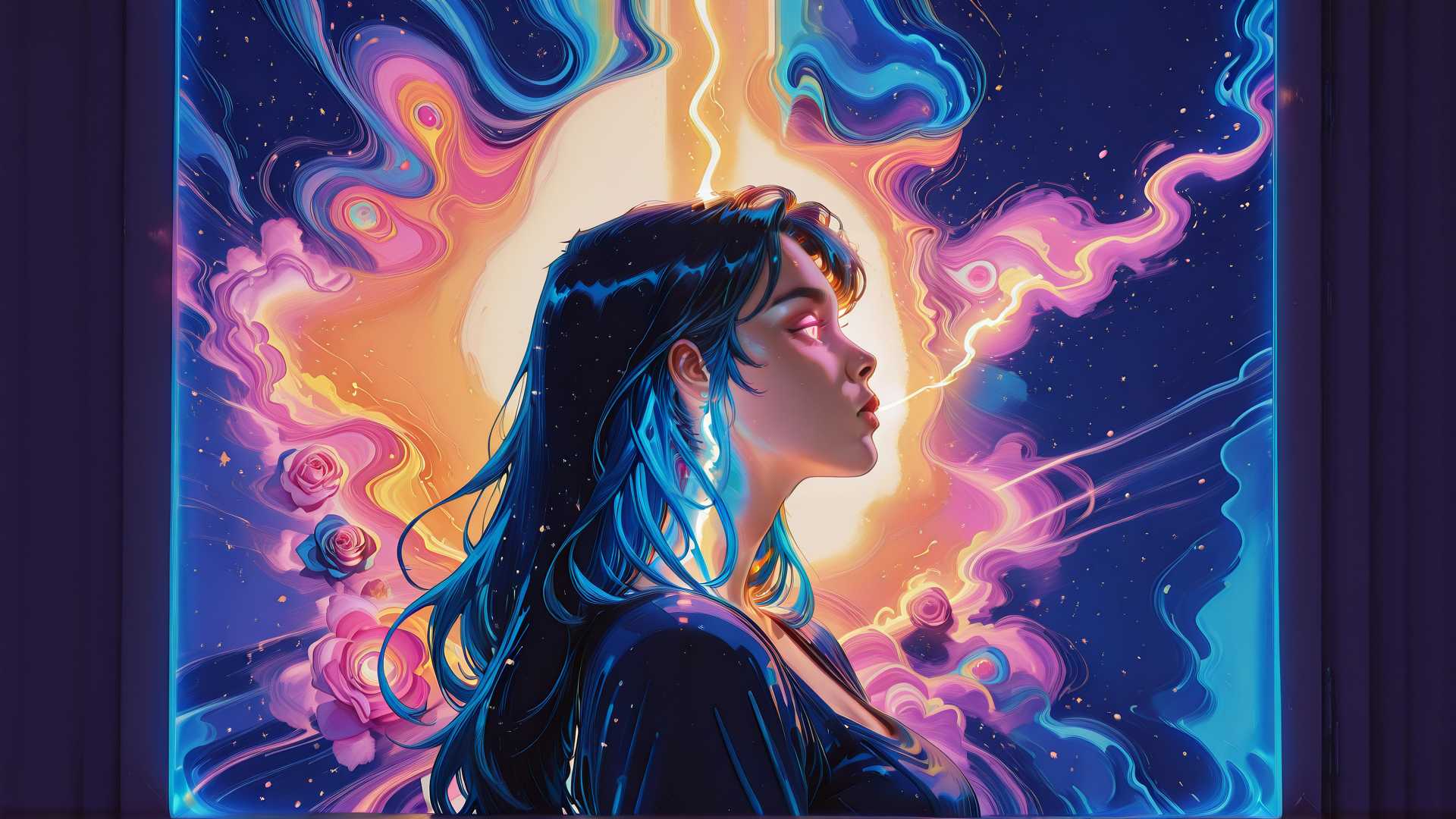 AI generated wallpaper featuring woman, roses, light, clouds, hair