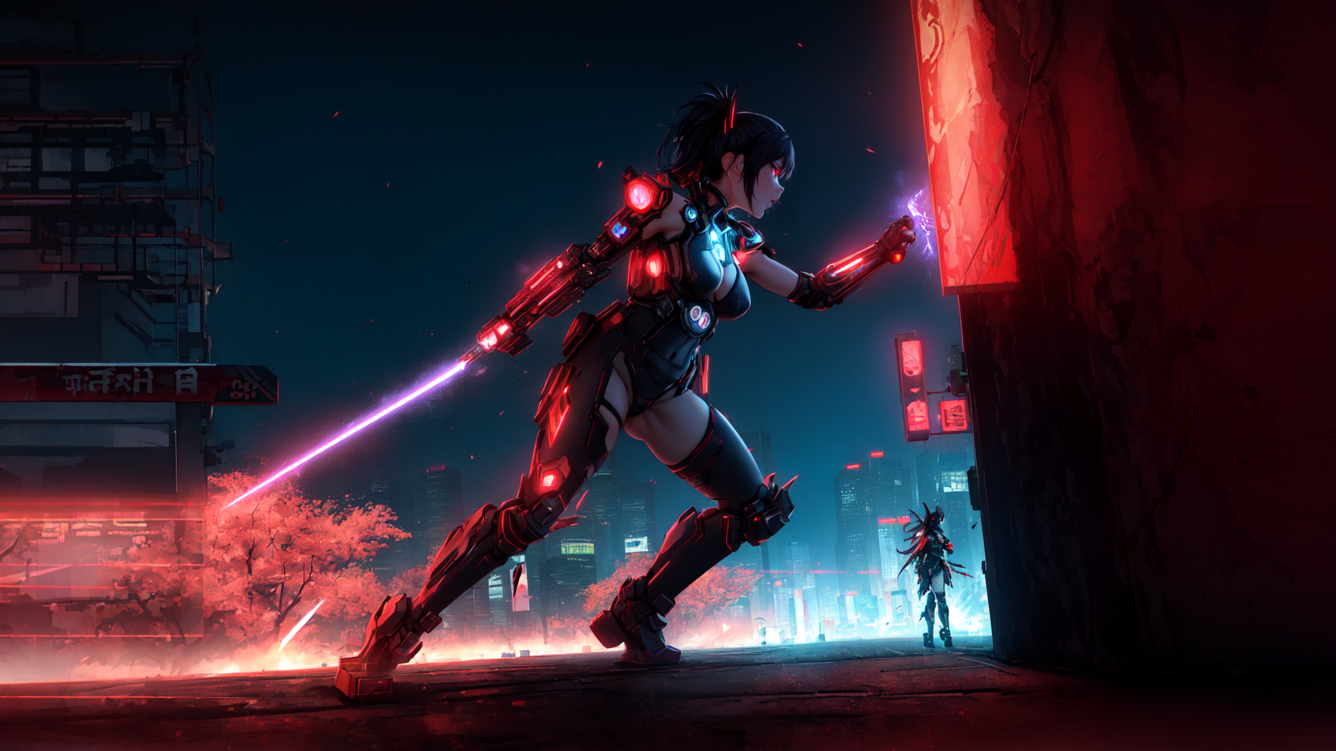 AI generated wallpaper featuring cyborg, fighter, city