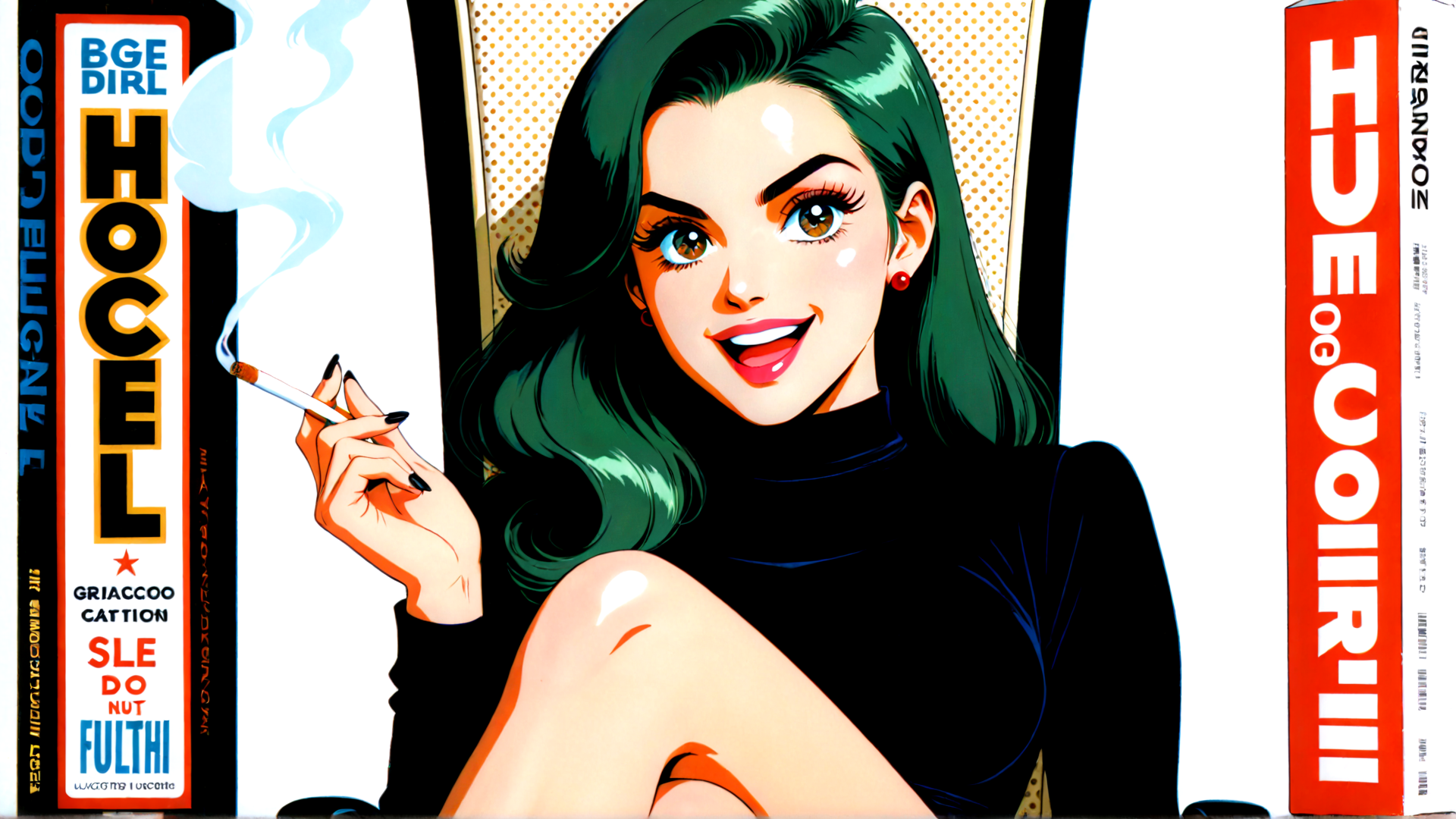 AI generated wallpaper featuring woman, cigarette, green hair, black dress, poster, smoke, window, advertisement, holograph, sleek