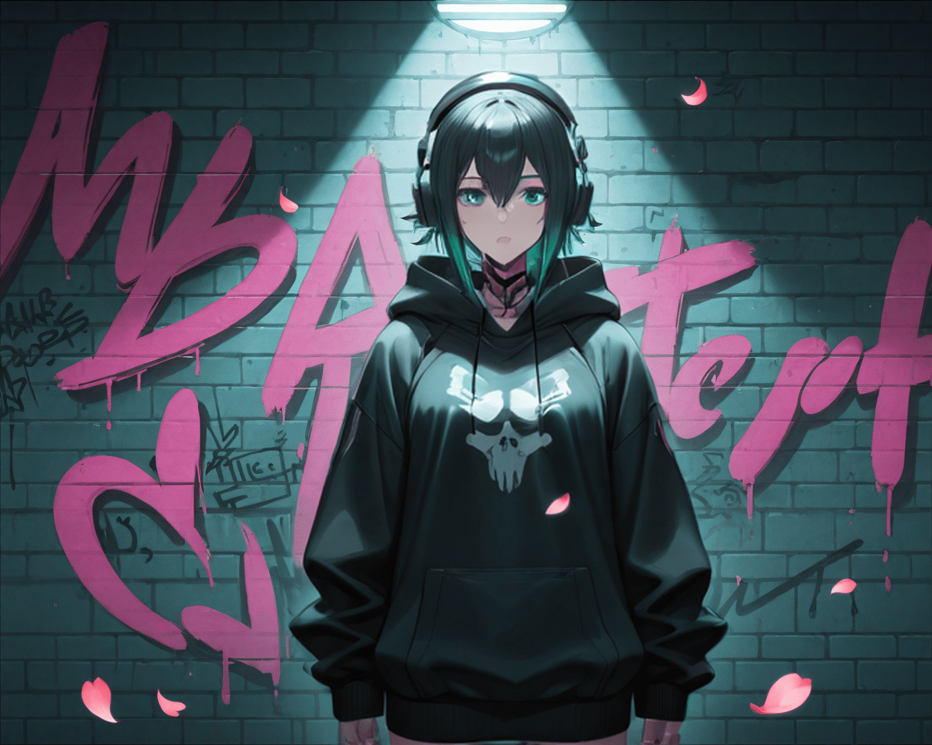 AI generated wallpaper featuring anime girl, hoodie, headphones