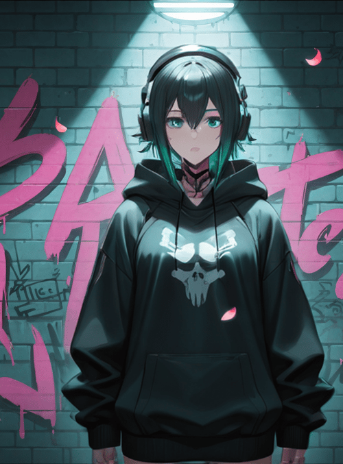 anime girl, hoodie, headphones