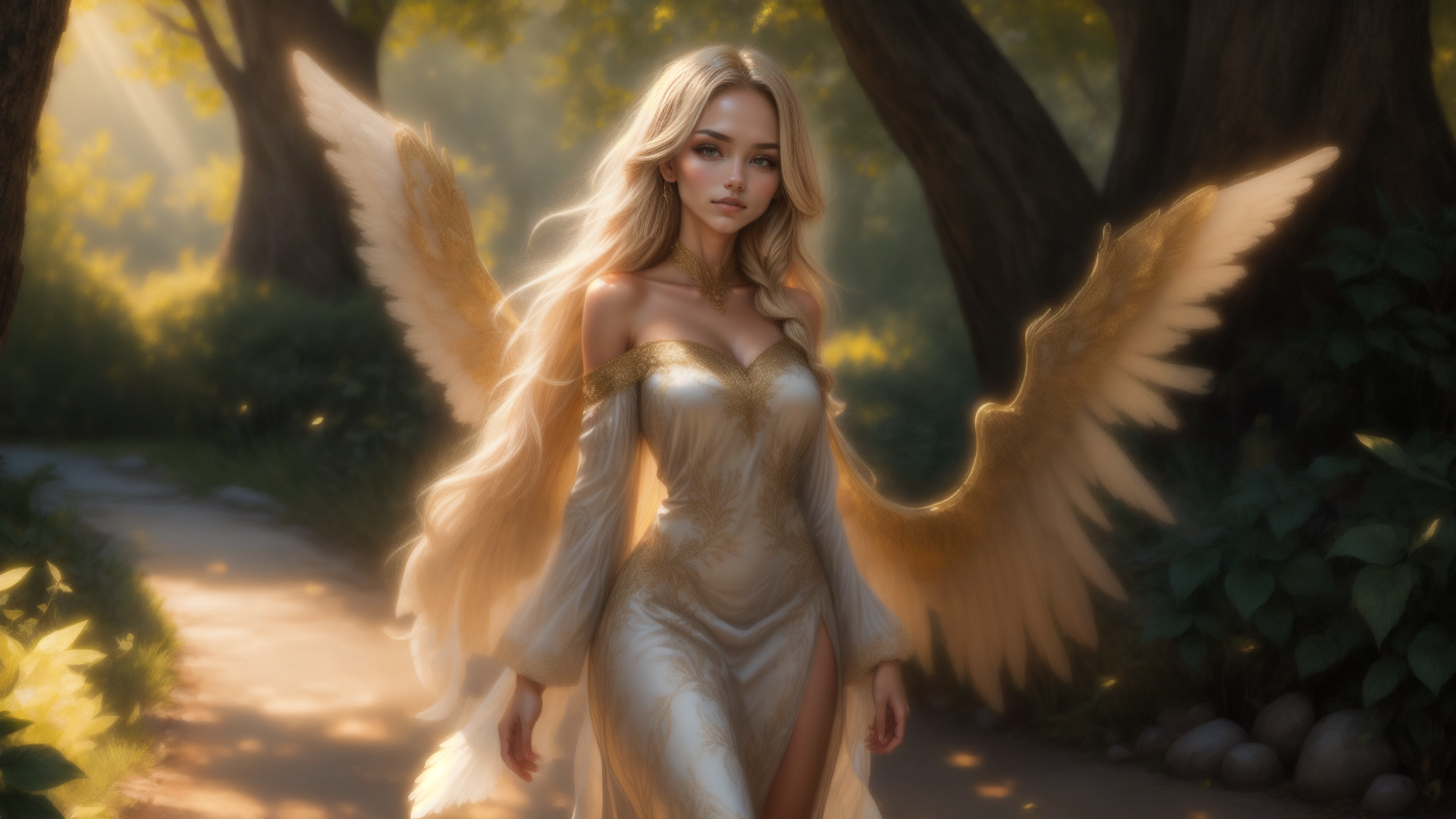 AI generated wallpaper featuring angel, woman, forest