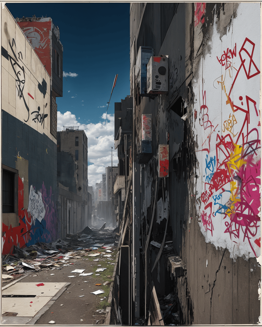AI generated wallpaper featuring urban alley, graffiti, ruins