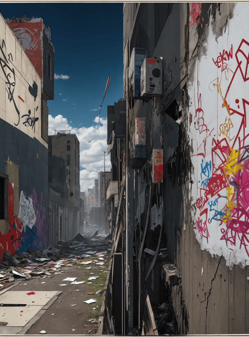 urban alley, graffiti, ruins