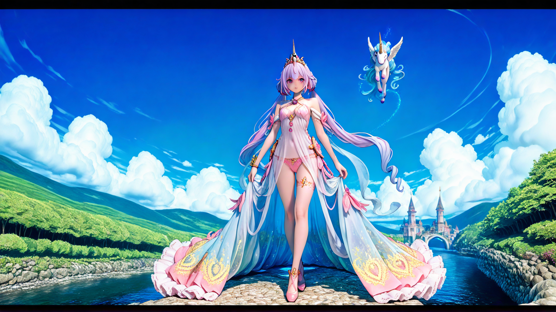 AI generated wallpaper featuring princess, unicorn, castle