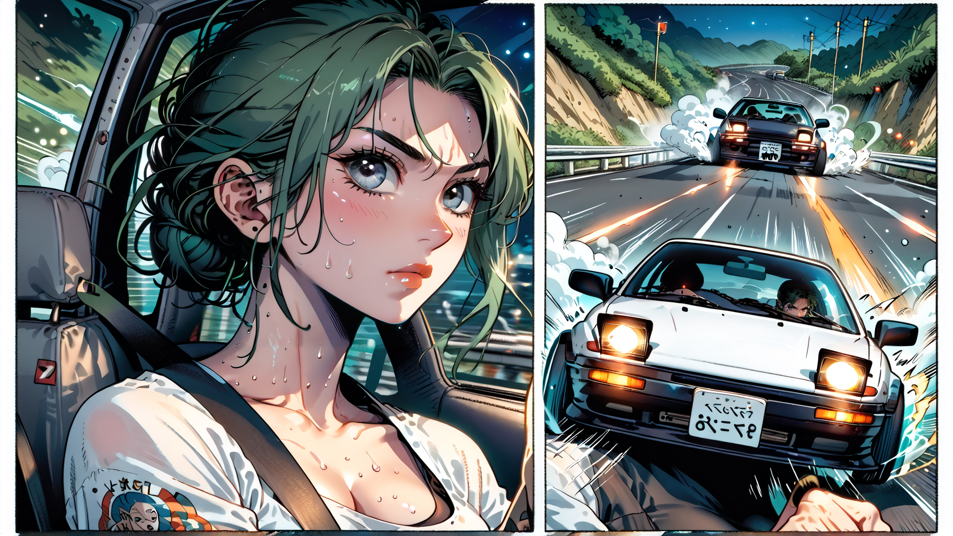 AI generated wallpaper featuring woman, car, road, driving, nissan