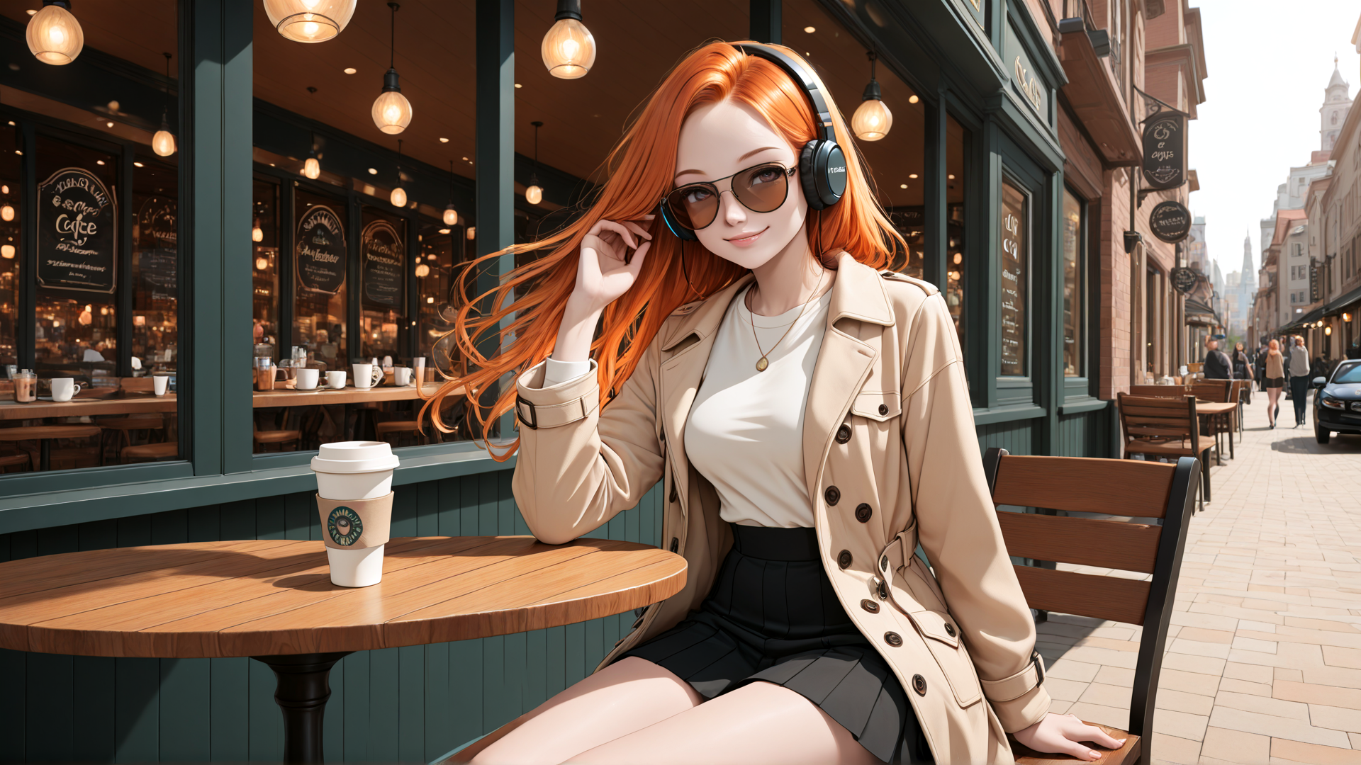 AI generated wallpaper featuring woman, cafe, headphones, coffee, sunglasses, coat, skirt, street, table, chair