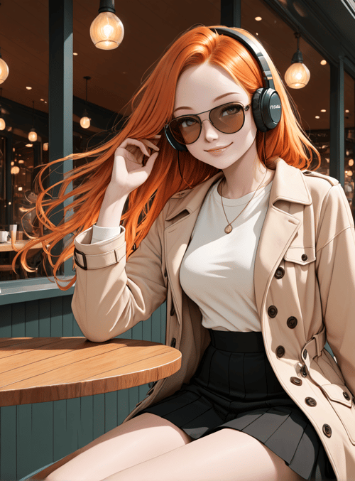 woman, cafe, headphones, coffee, sunglasses, coat, skirt, street, table, chair