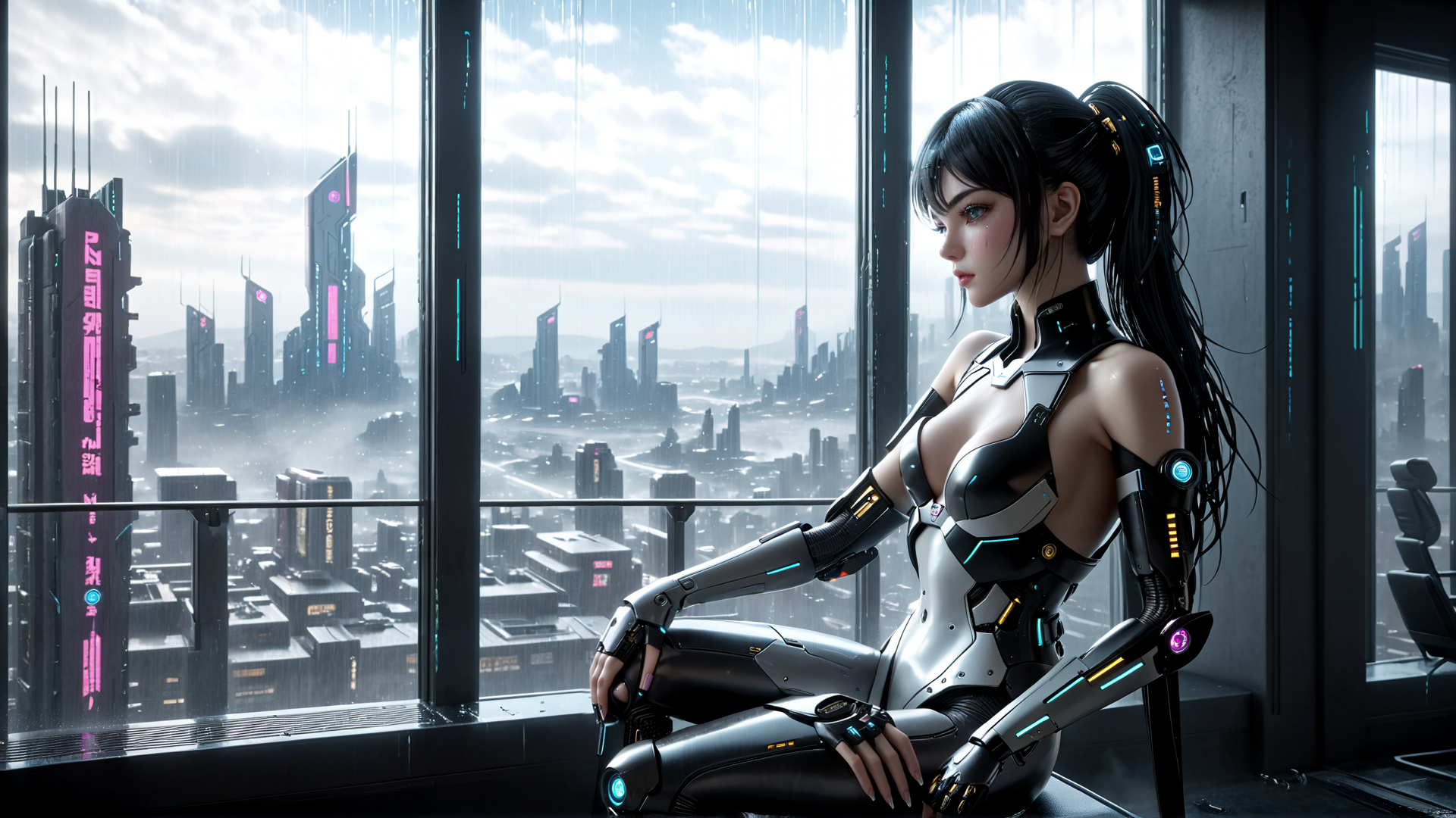 AI generated wallpaper featuring cyborg, woman, cityscape