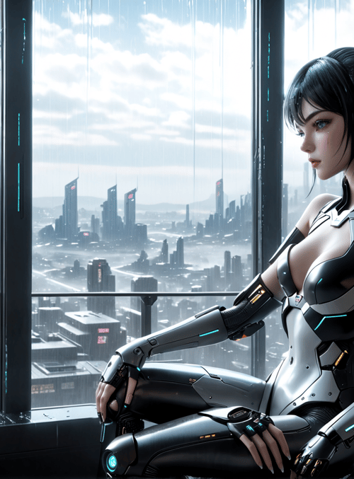 cyborg, woman, cityscape