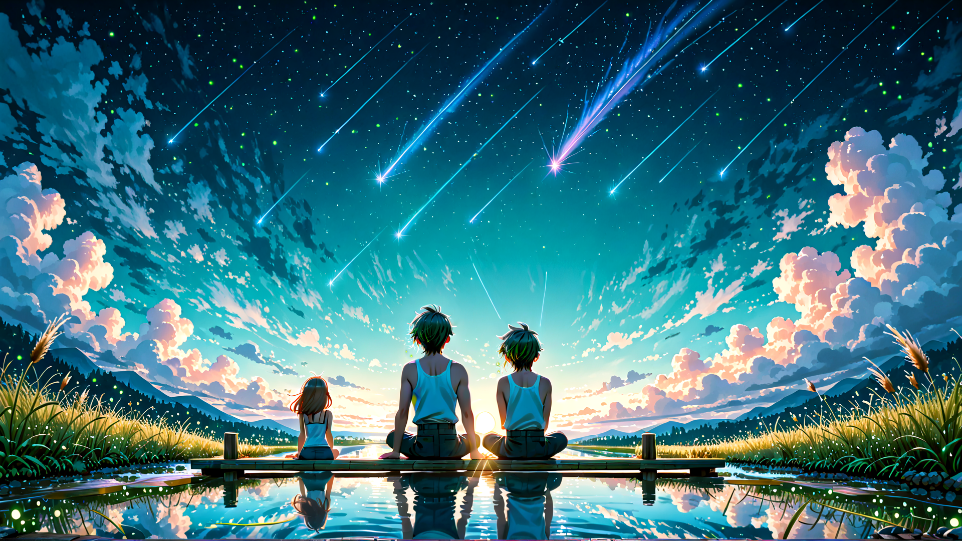AI generated wallpaper featuring teens, stars, sky, water, clouds, mountains, grass, boardwalk, sun, shadows