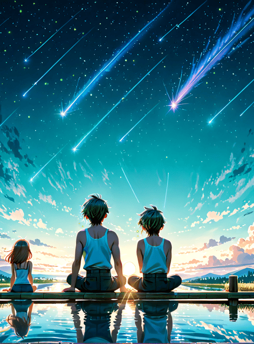 teens, stars, sky, water, clouds, mountains, grass, boardwalk, sun, shadows