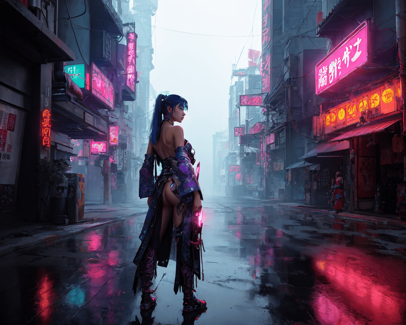 AI generated wallpaper featuring cyberpunk, woman, street