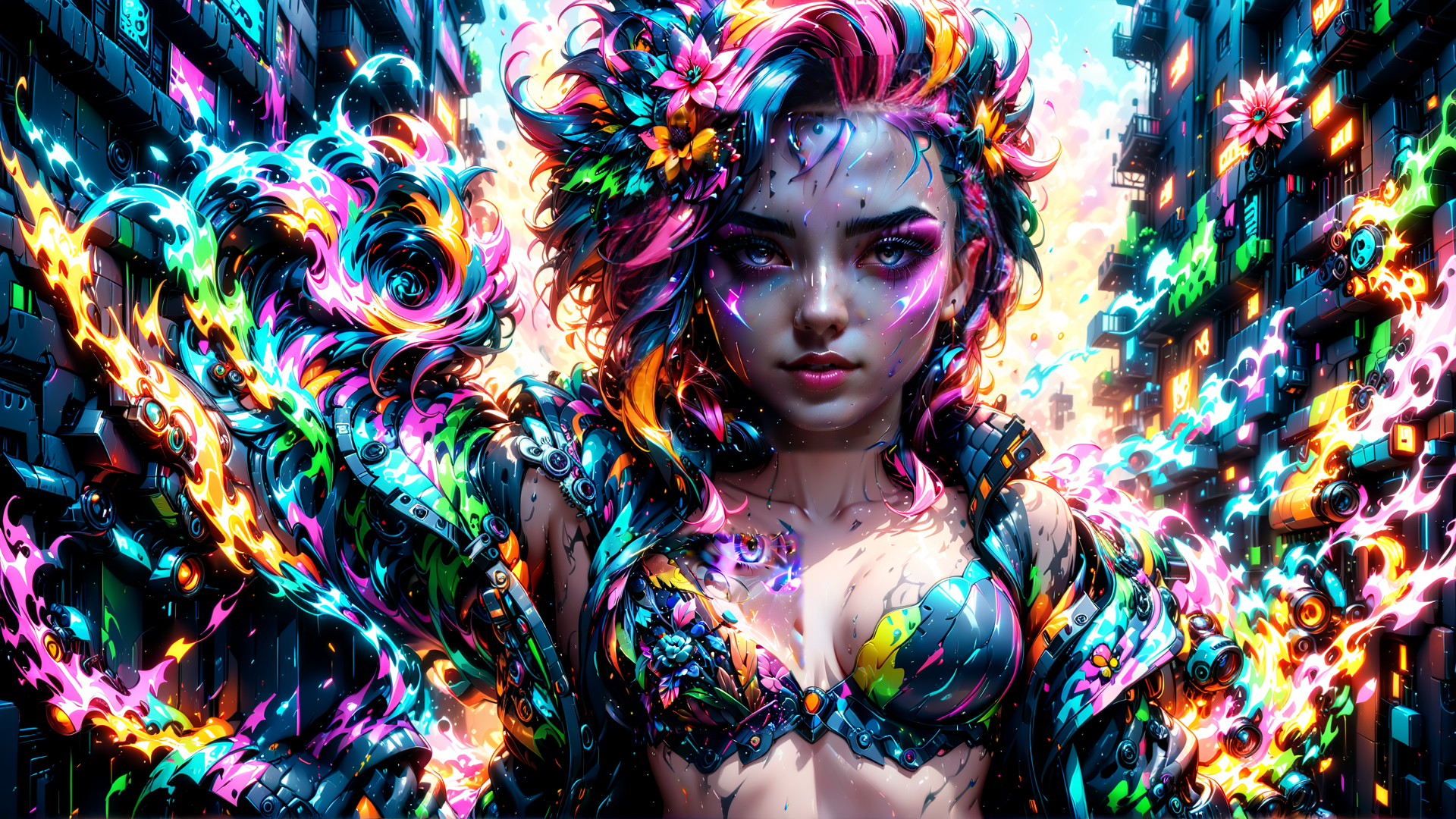 AI generated wallpaper featuring cyberpunk, woman, dragon