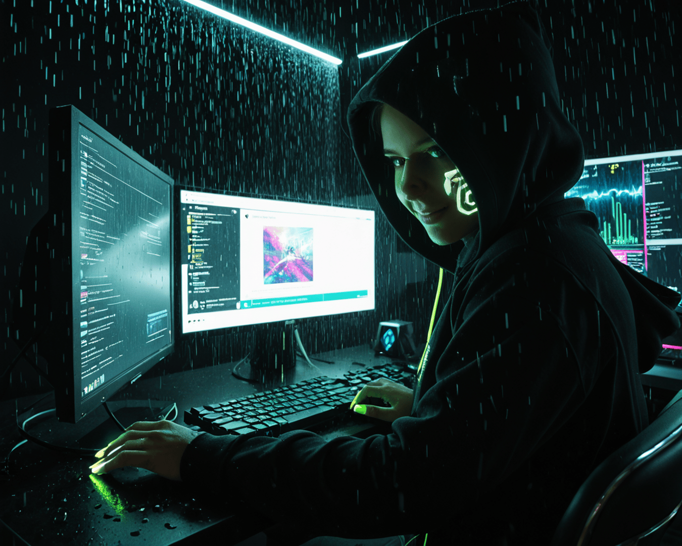 AI generated wallpaper featuring hacker, computer, monitor