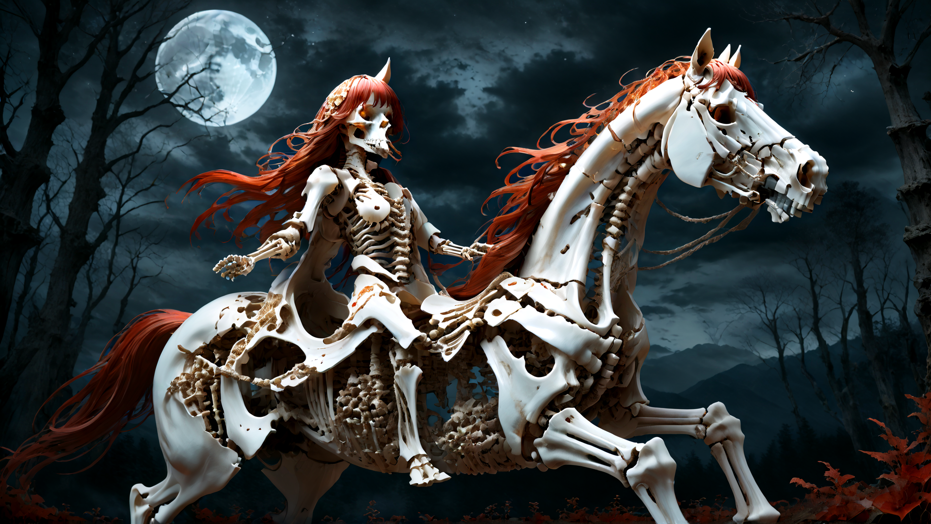 AI generated wallpaper featuring skeleton, woman, horse, moon, trees
