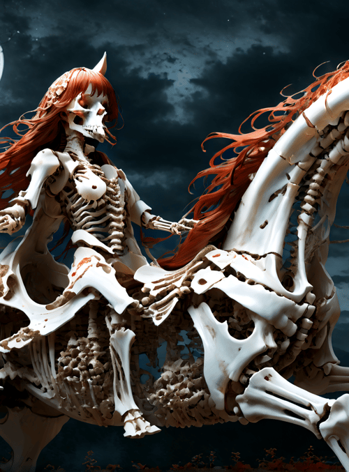skeleton, woman, horse, moon, trees