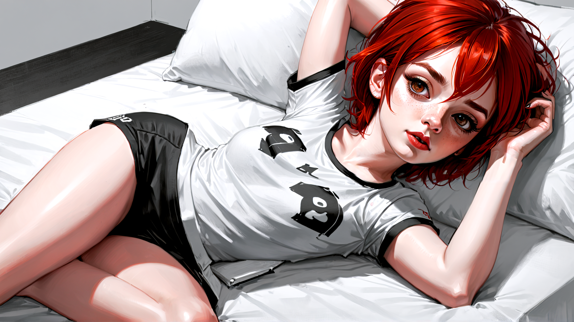 AI generated wallpaper featuring woman, bed, red hair, shorts, t-shirt, pillow