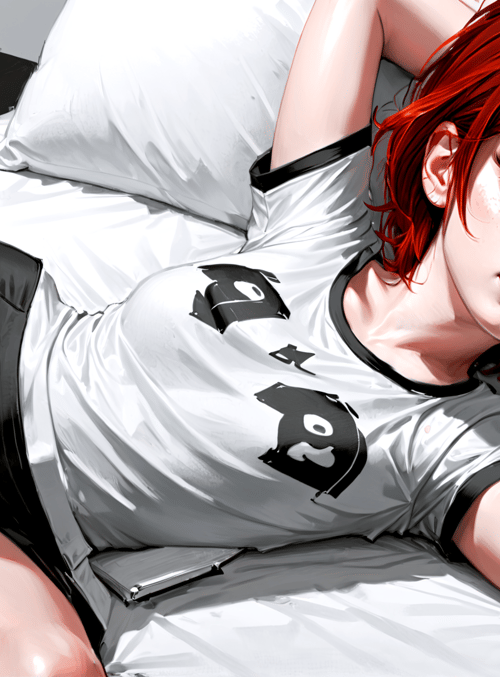 woman, bed, red hair, shorts, t-shirt, pillow