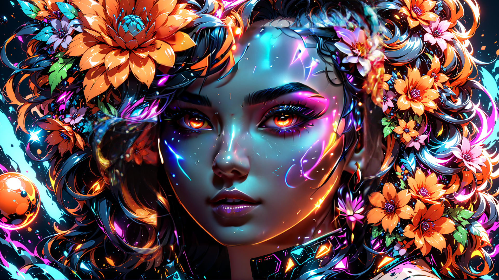 AI generated wallpaper featuring woman, flowers, neon