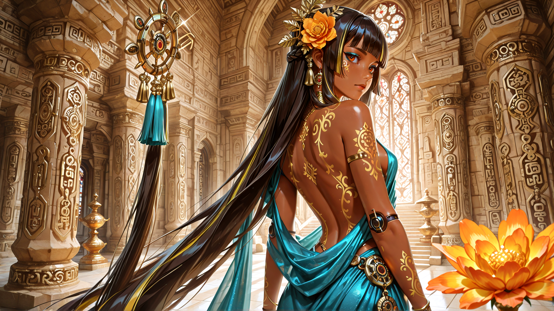AI generated wallpaper featuring woman, goddess, flower, cathedral, ancient, sari, tattoo, demon, golden, soul