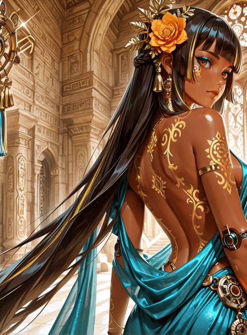 woman, goddess, flower, cathedral, ancient, sari, tattoo, demon, golden, soul