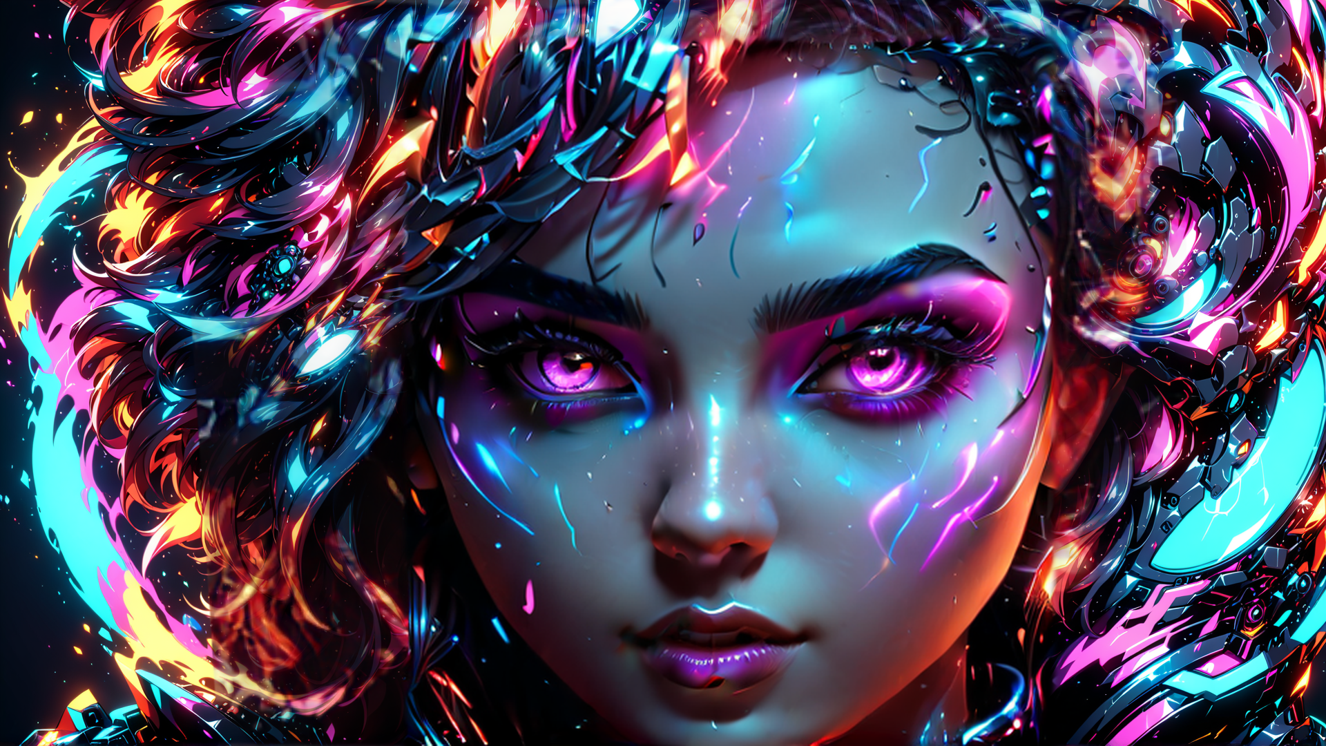 AI generated wallpaper featuring cyborg, neon, woman