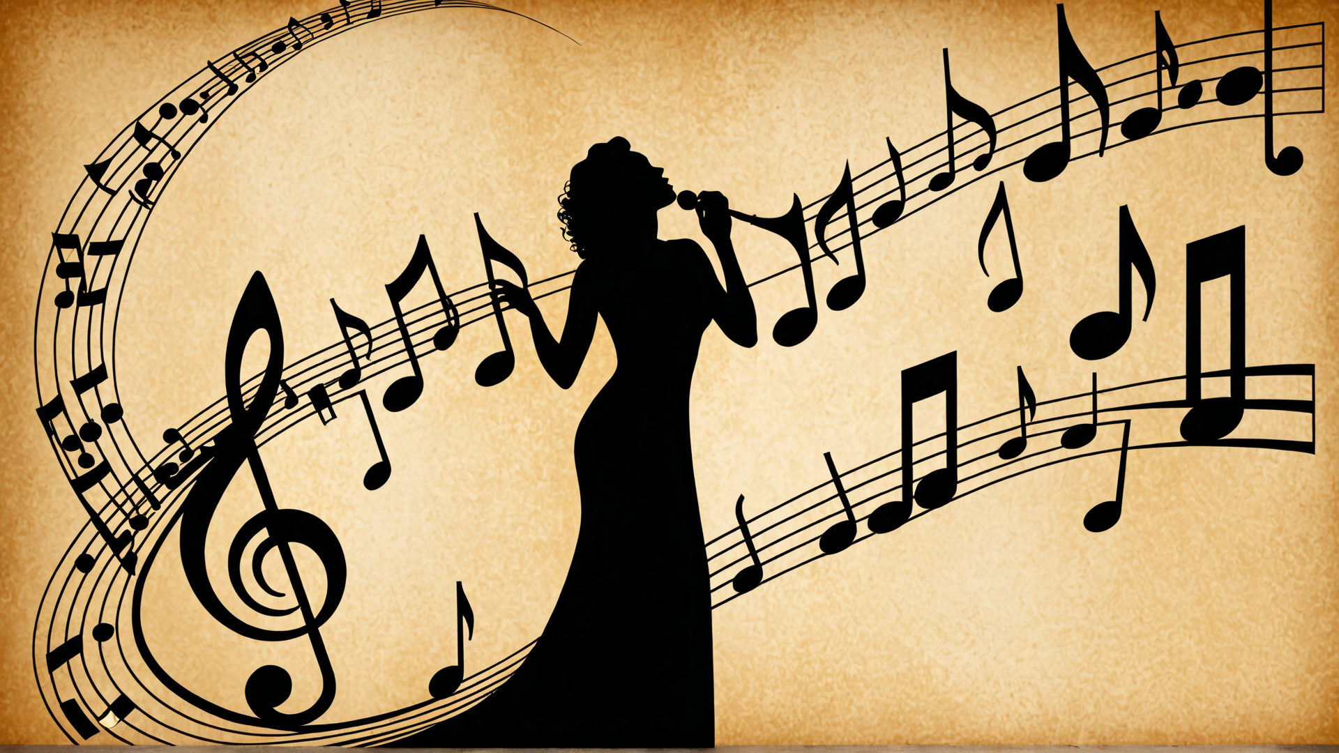 AI generated wallpaper featuring silhouette, singer, music, note, treble clef, vocalist