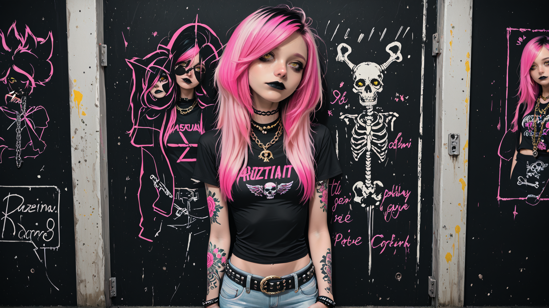 AI generated wallpaper featuring girl, skeleton, graffiti, tattoo, skull, chain, jeans, t-shirt, painting, poster