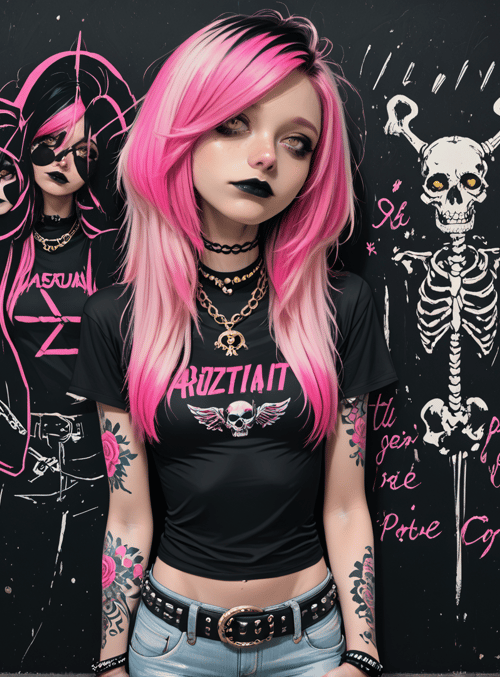 girl, skeleton, graffiti, tattoo, skull, chain, jeans, t-shirt, painting, poster