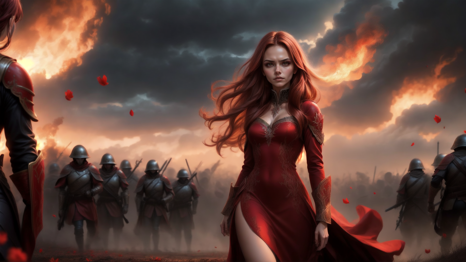 AI generated wallpaper featuring woman, soldiers, red dress
