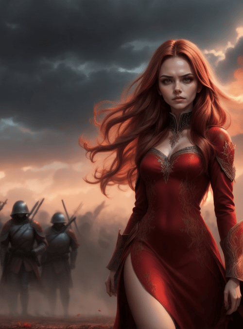 woman, soldiers, red dress