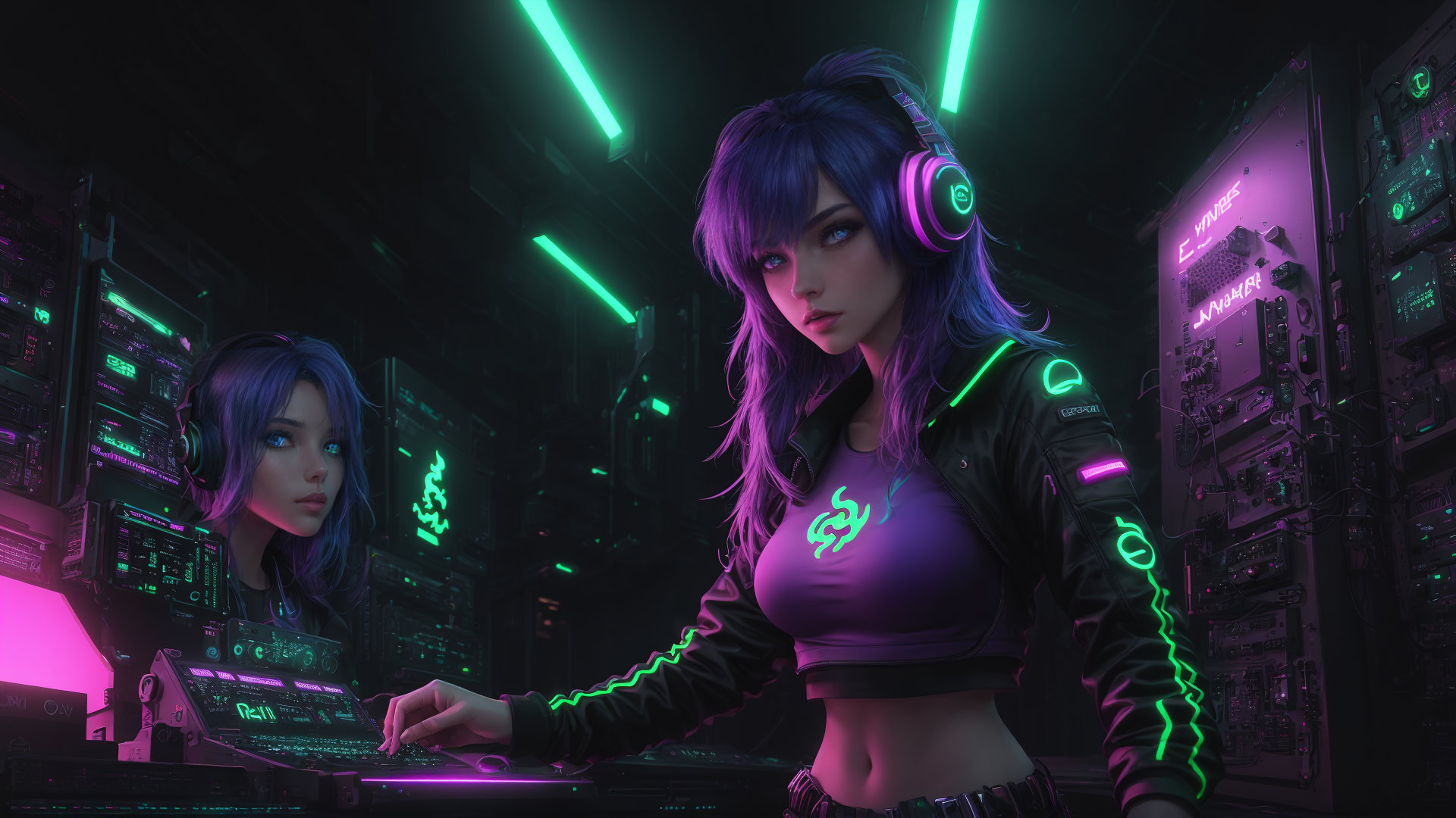 AI generated wallpaper featuring woman, gamer, neon