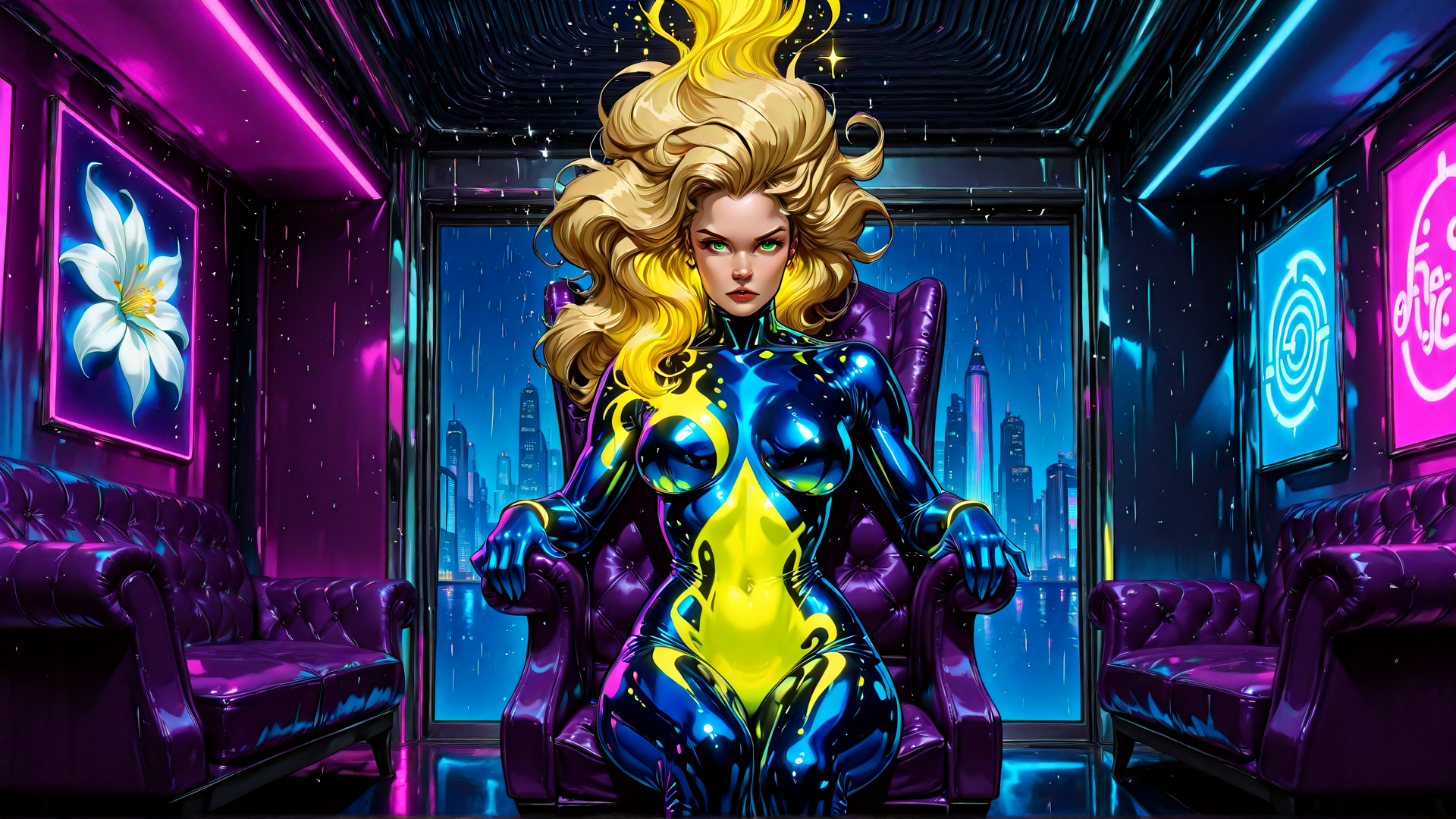 AI generated wallpaper featuring woman, leather outfit, chair, cityscape, neon lights