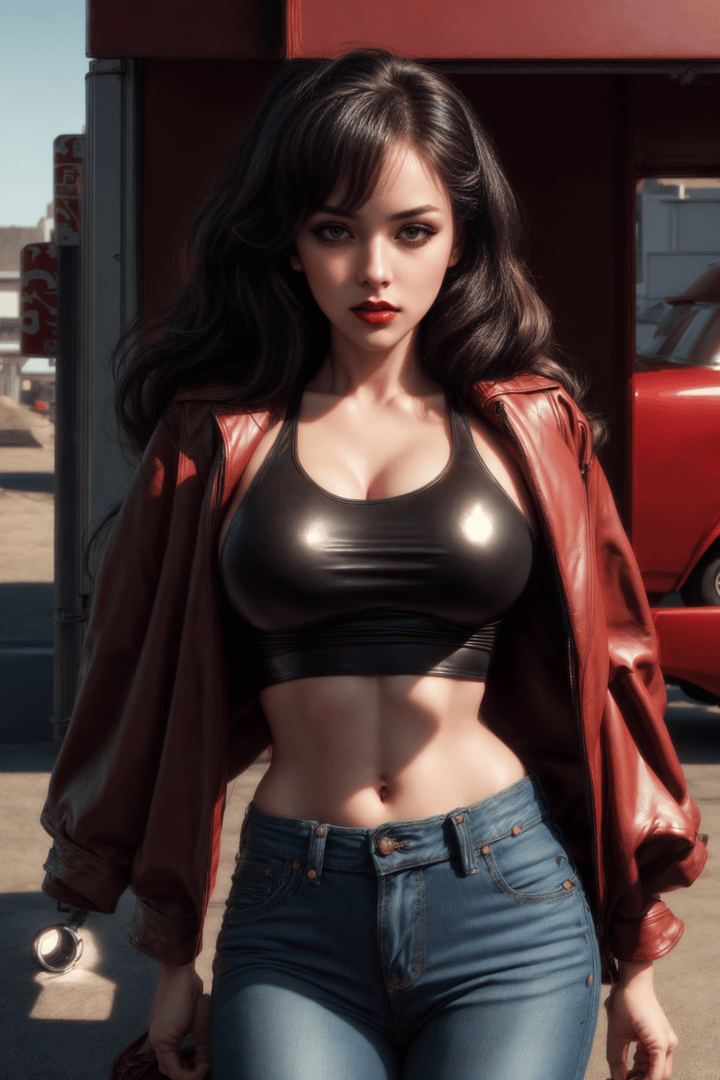 AI generated wallpaper featuring woman, leather jacket, denim jeans