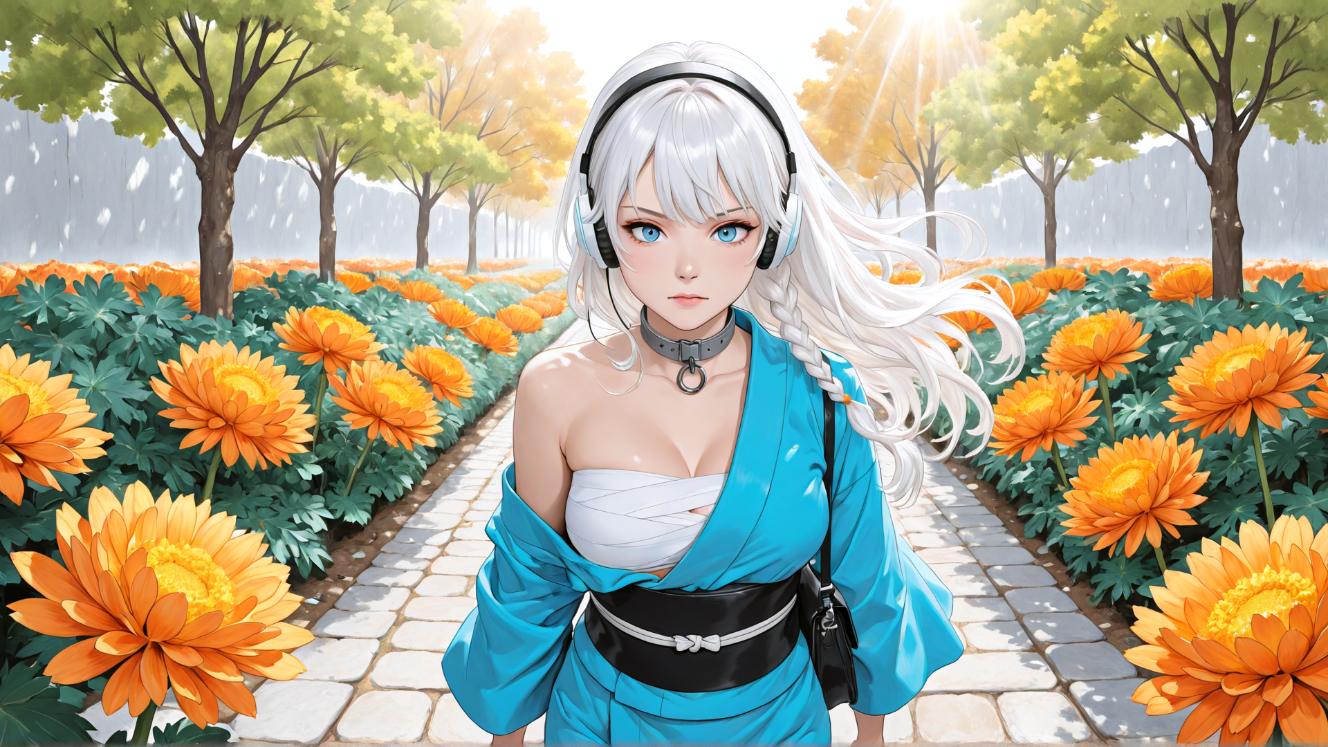 AI generated wallpaper featuring girl, headphones, flowers, trees, pathway, choker, blue outfit, braid